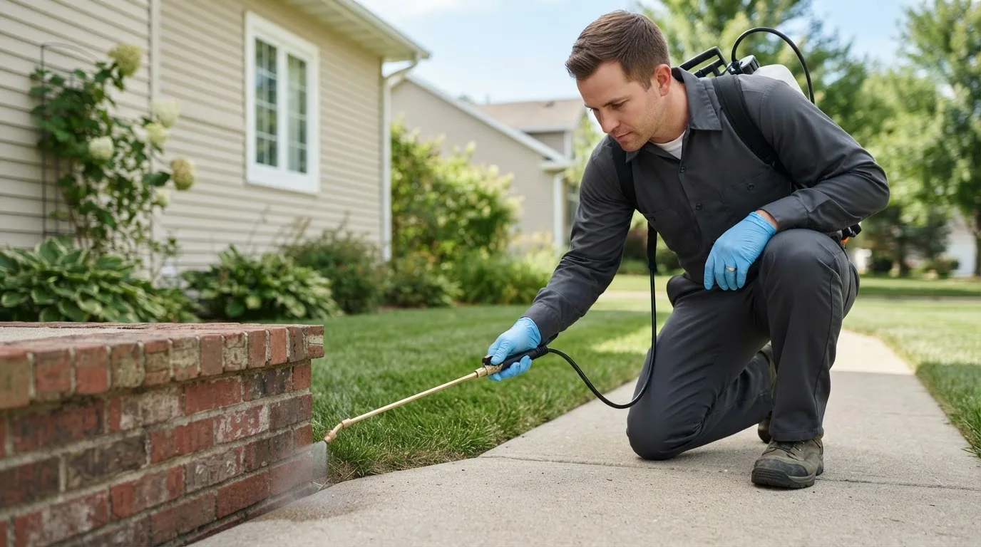 Pest control technician treating a home near Pierceton, IN