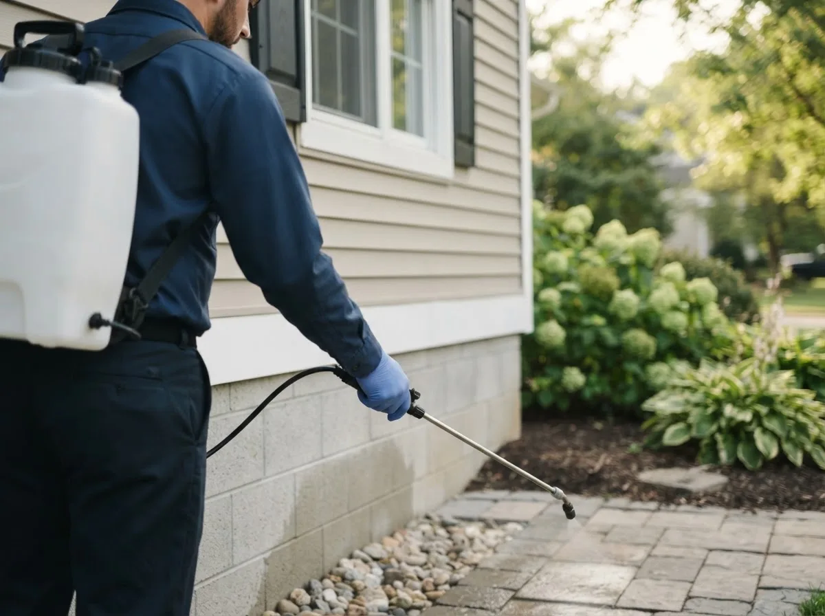 Pest control technician inspecting a home in Pierceton, IN